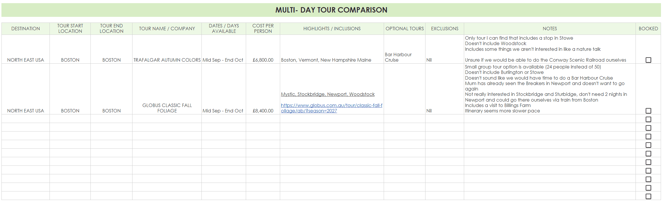 group tour comparison travel planning spreadsheets globus versus trafalgar plan a europe holiday first timer google sheets vacation organizer