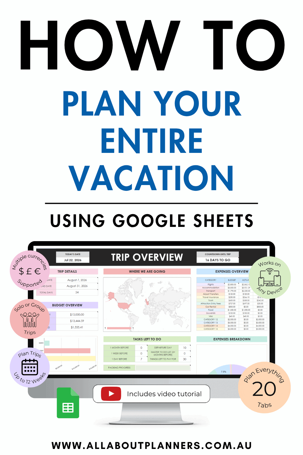 how to plan a holiday using google sheets simple easy to use template day to day itinerary weekly monthly packing list checklist countdown outfits photo inspiration
