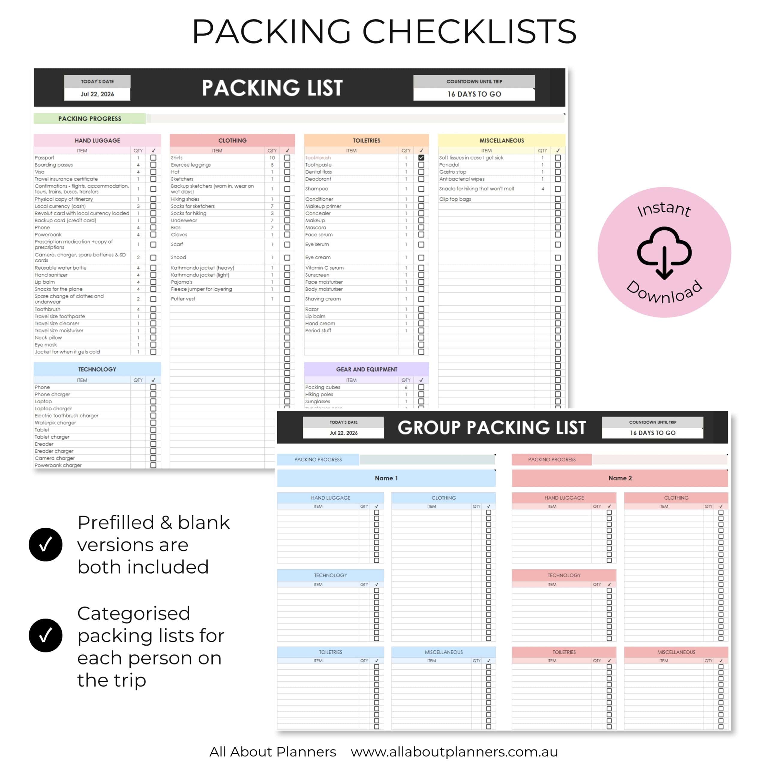 packing checklist travel planner google sheets categorised summer winter europe packing list holiday vacation planner fillable editable customisable template