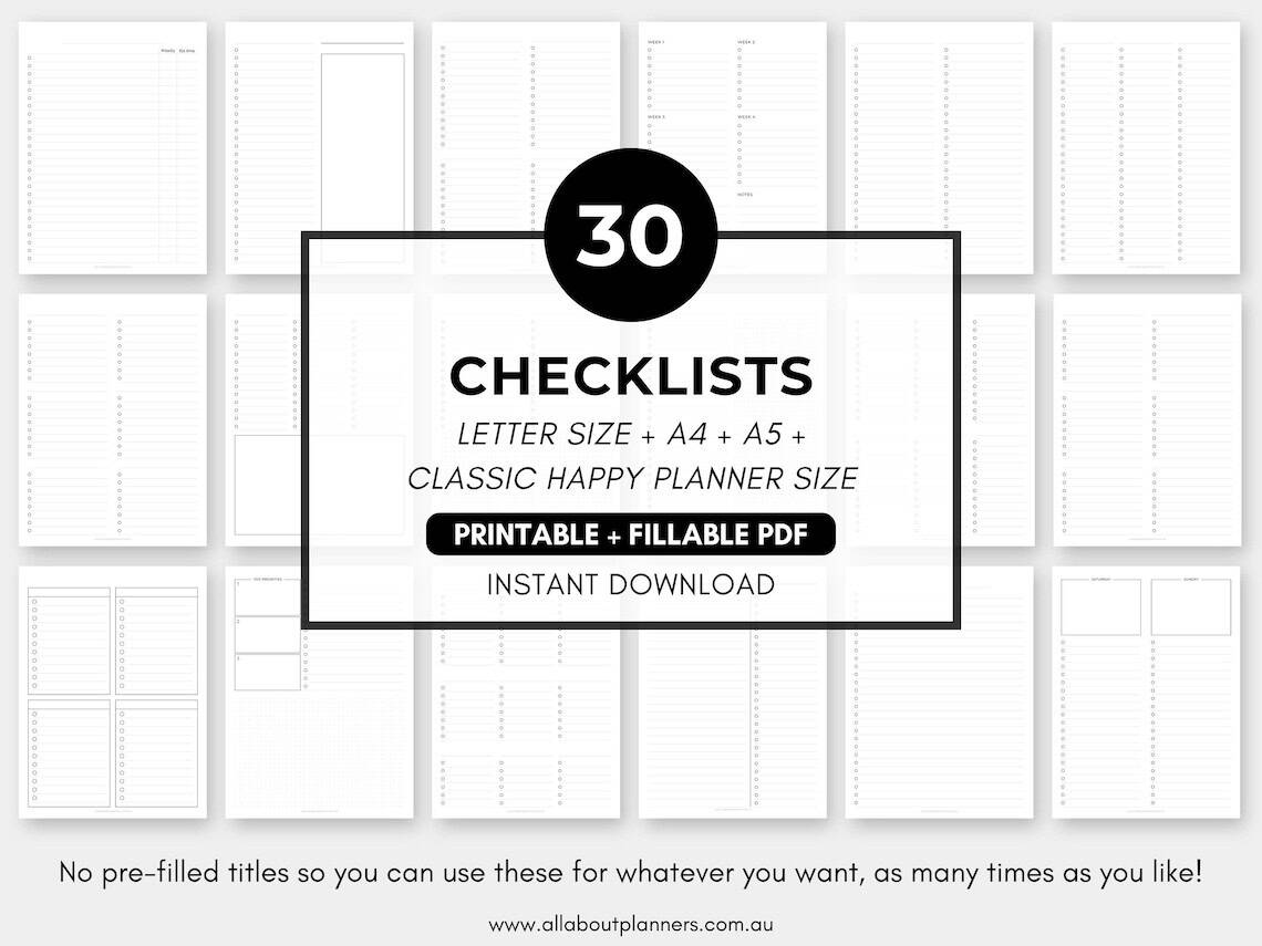 printable checklists anything list editable task list to do list 1 column 2 column a5 happy planner classic us letter a4