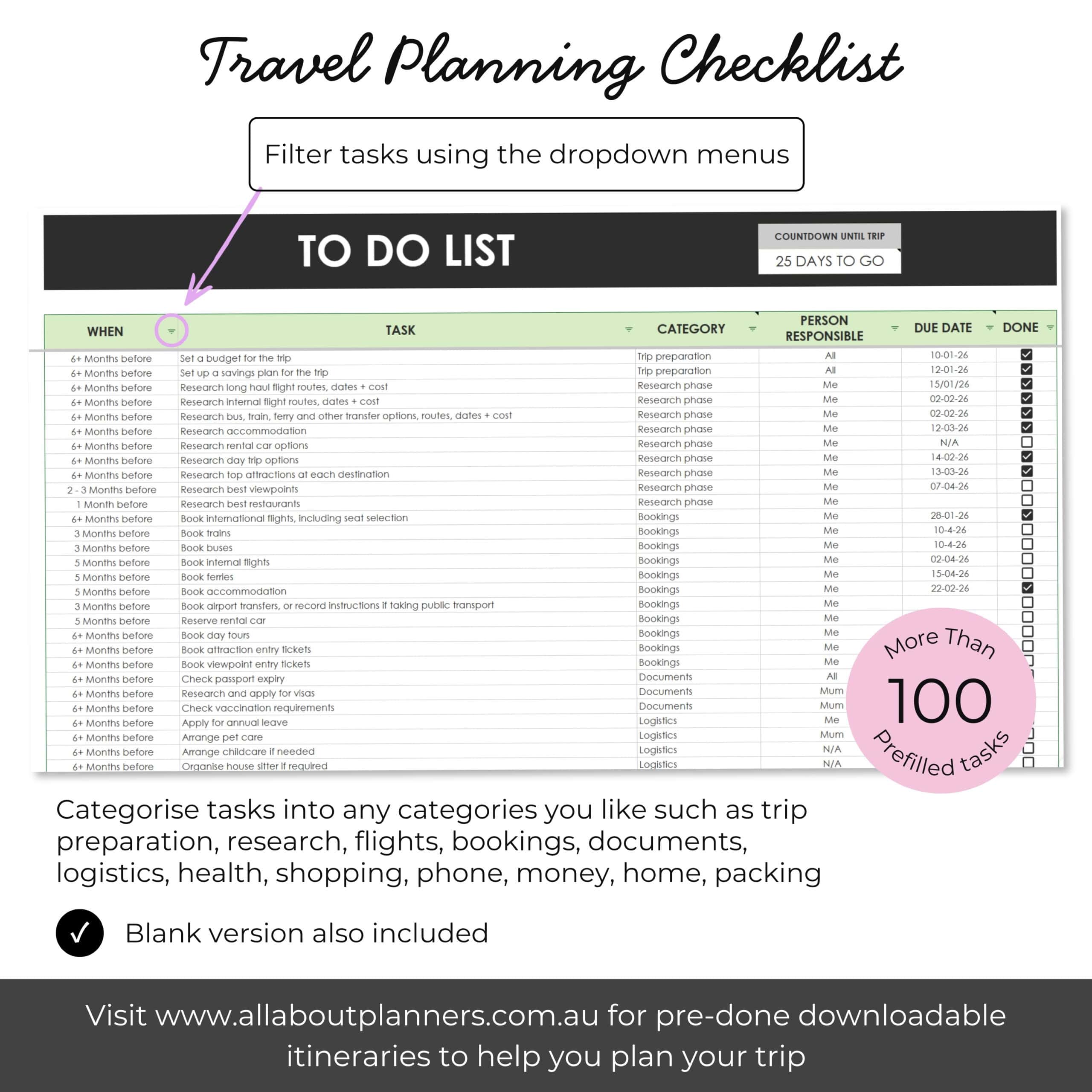 travel countdown checklist before we leave organize flights research packing list bookings documents transport trip vacation planner spreadsheet google sheets