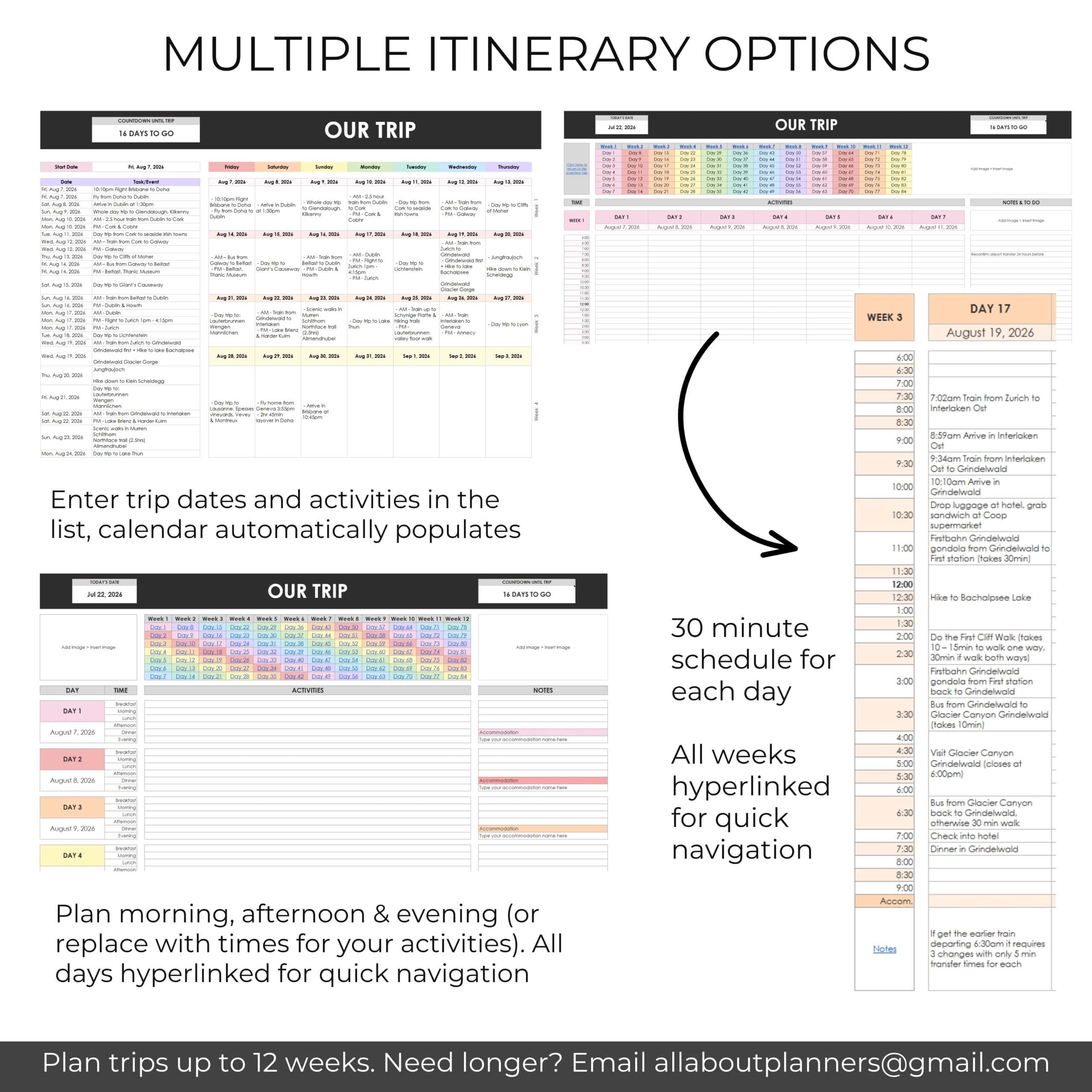 travel itinerary template spreadsheet vacation planner google sheets daily hyperlinked schedule by week day month plan multi city month long holiday fillable editable customisable