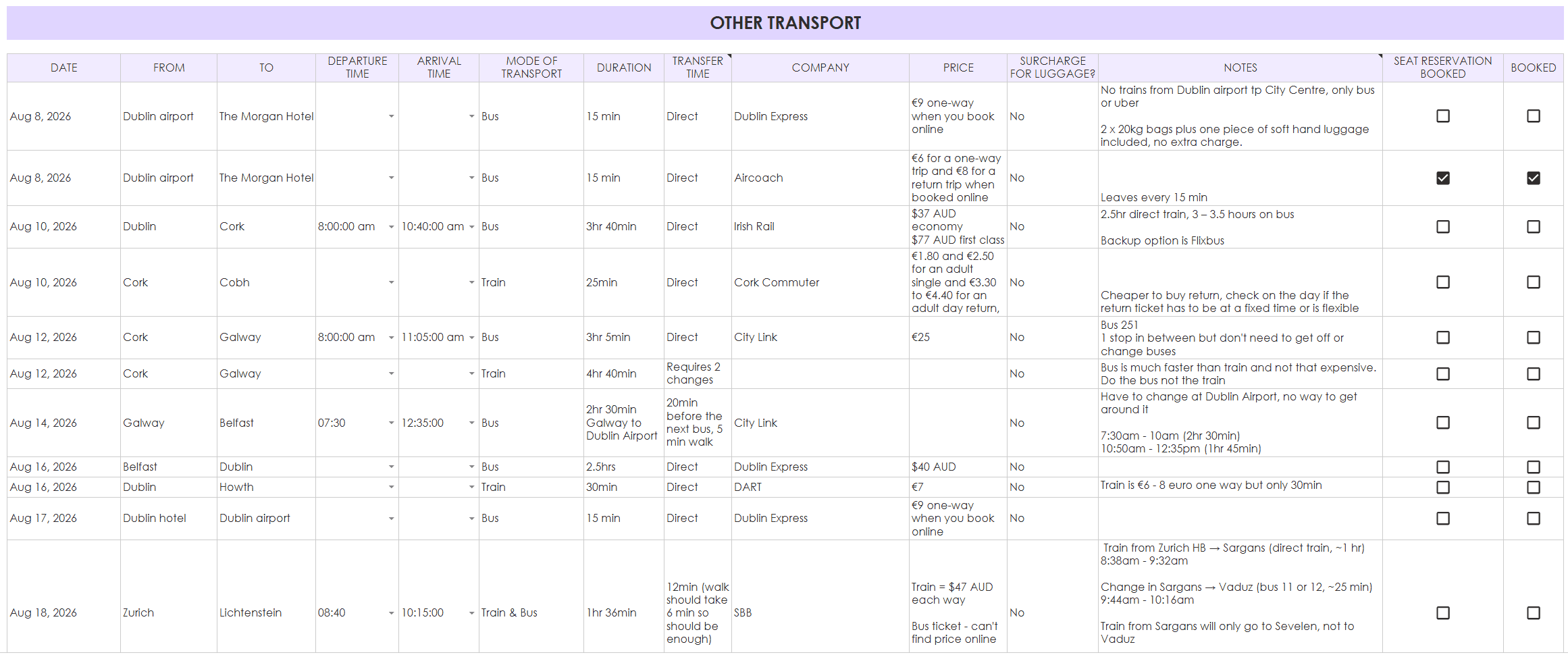 travel planner transport route comparison bus and train travel europe google sheets spreadsheet track budget expenses countdown checklist packing list