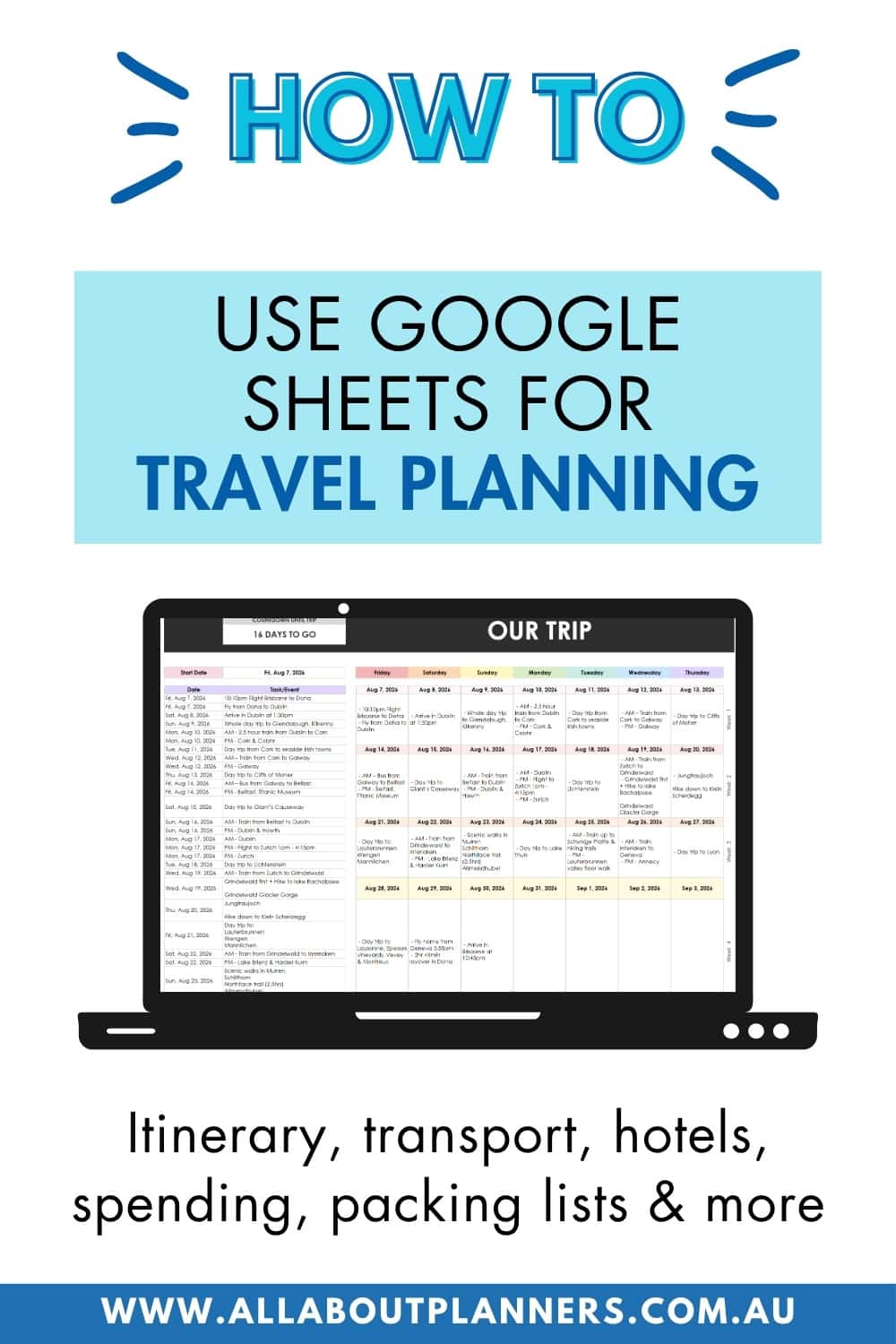 travel research planner for multi country european holiday usa road trip cruise google sheets template daily itinerary spending tracker packing lists