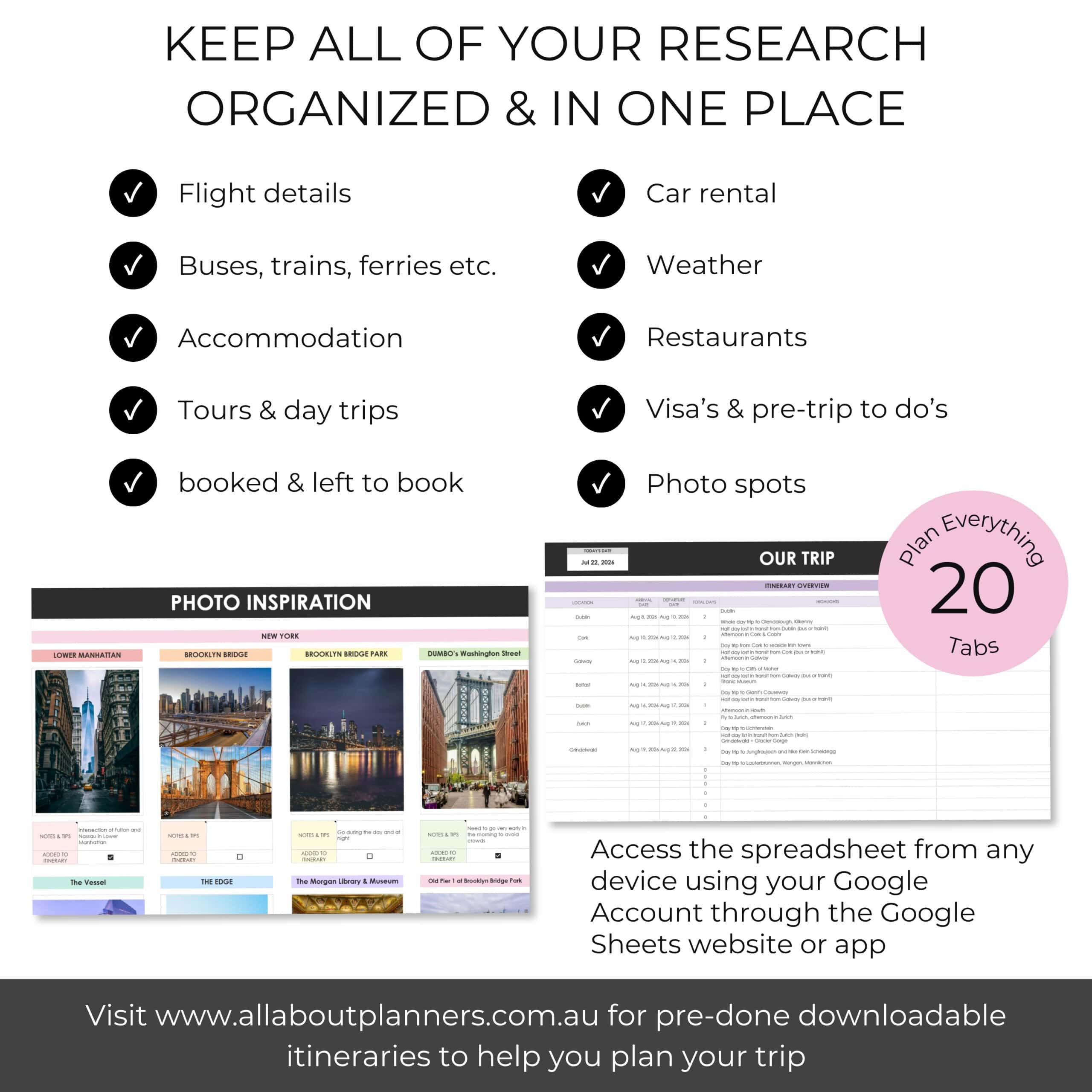 travel research spreadsheet photo spots restaurants hotel tour bookings viewpoints transport flight routes spending tracker outfits packing list to do list