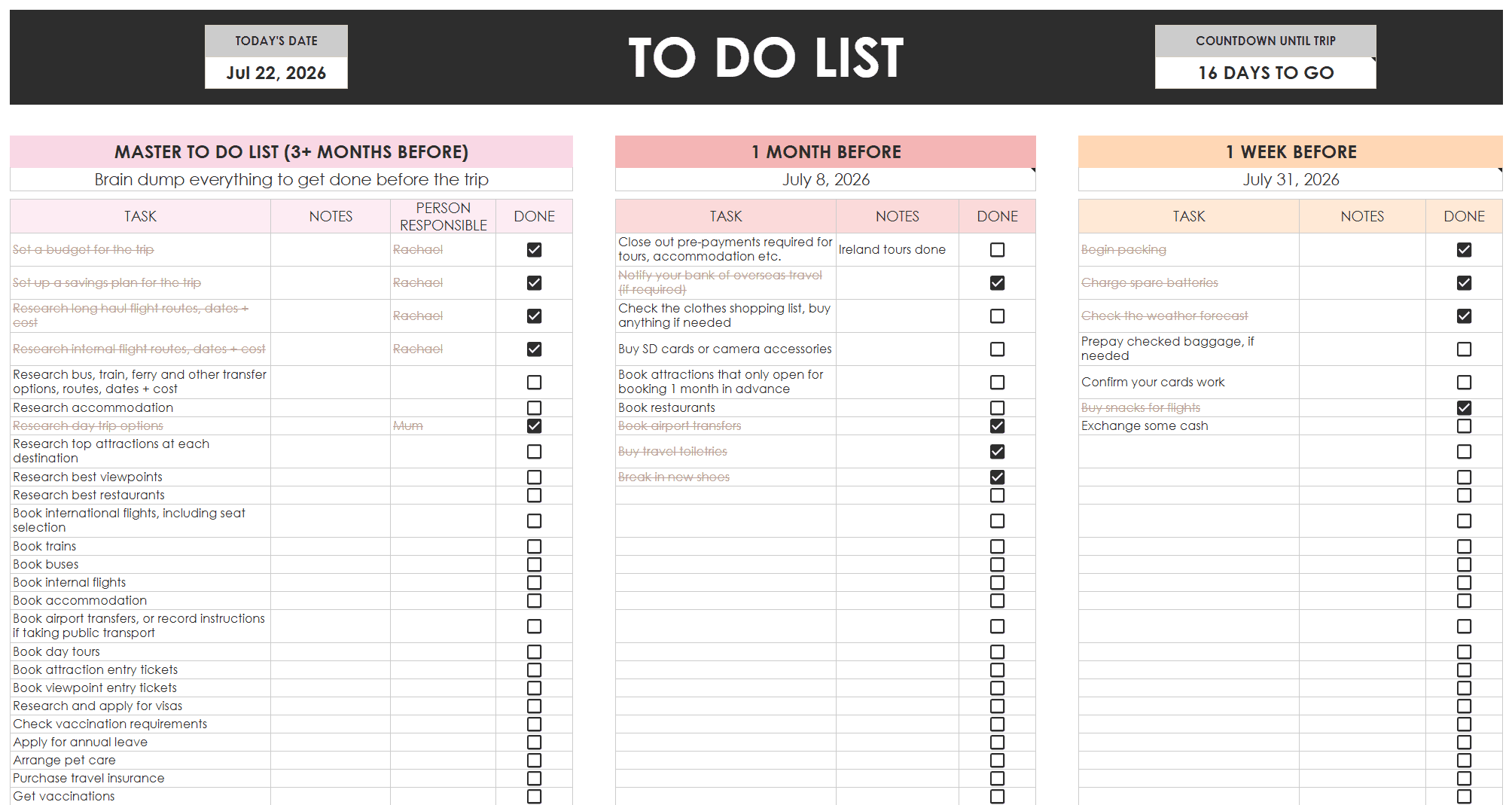 travel to do list checklist countdown to vacation google sheets spreadsheet 3 months before 1 month before 1 week before organize everything all in one place flights budget tours itinerary