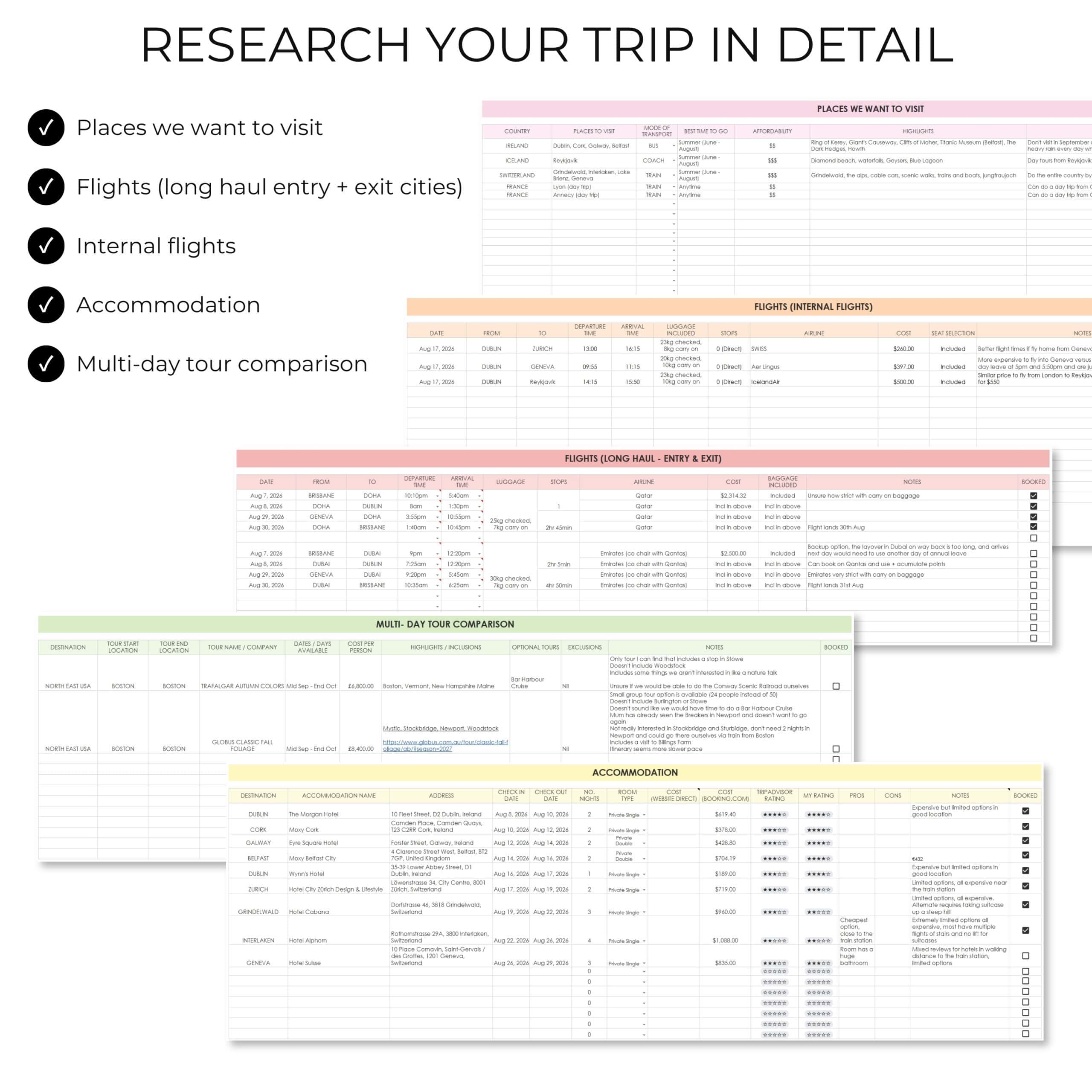 trip planner google sheets spreadsheets accommodation day tours bookings flights long haul cost comparison europe vacation planner easy to use simple color coded
