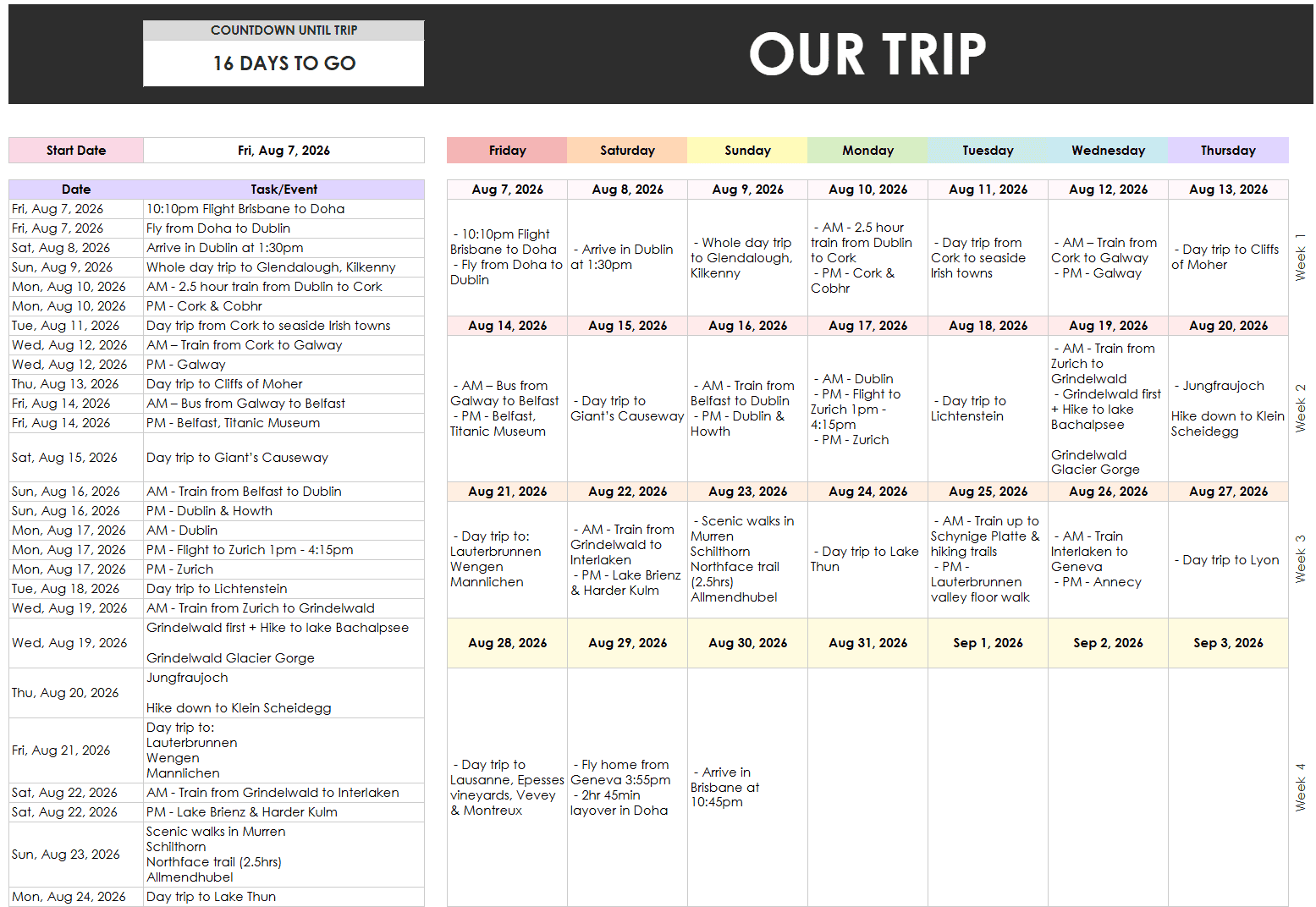 vacation planner calendar organizer automatically updated color coded month long europe holiday round the world trip planner research flights keep track of budget tour bookings accommodation