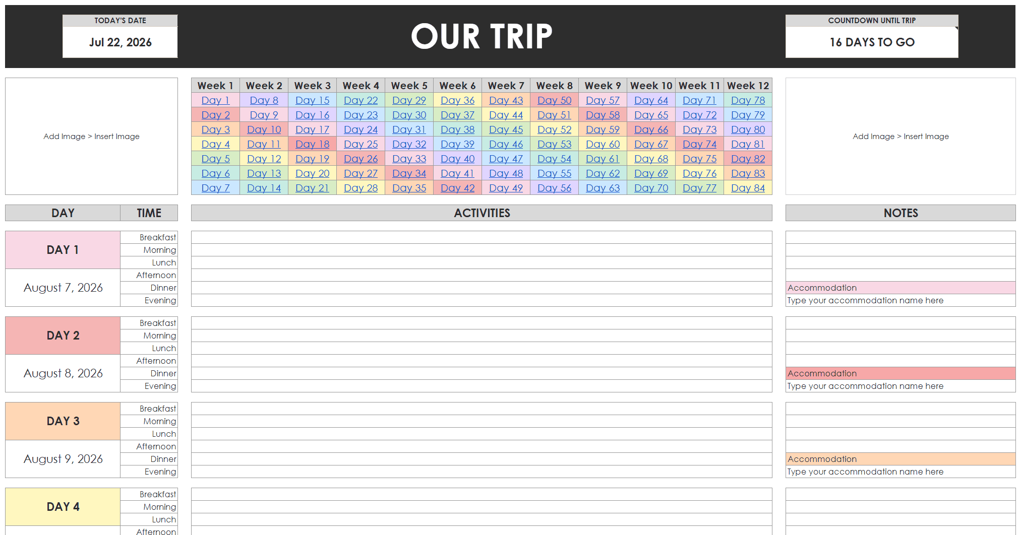 vacation planner organizer google sheets spreadsheet template color coded daily schedule itinerary day by day weekly detailed editable customisable keep track of all trip plans in one place