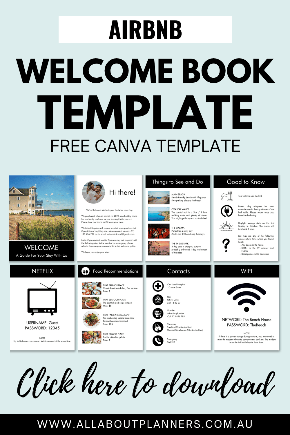 AIRBNB welcome book template canva free printable wifi sign good to know restaurants list guide book motel vacation rental home instructions password sign