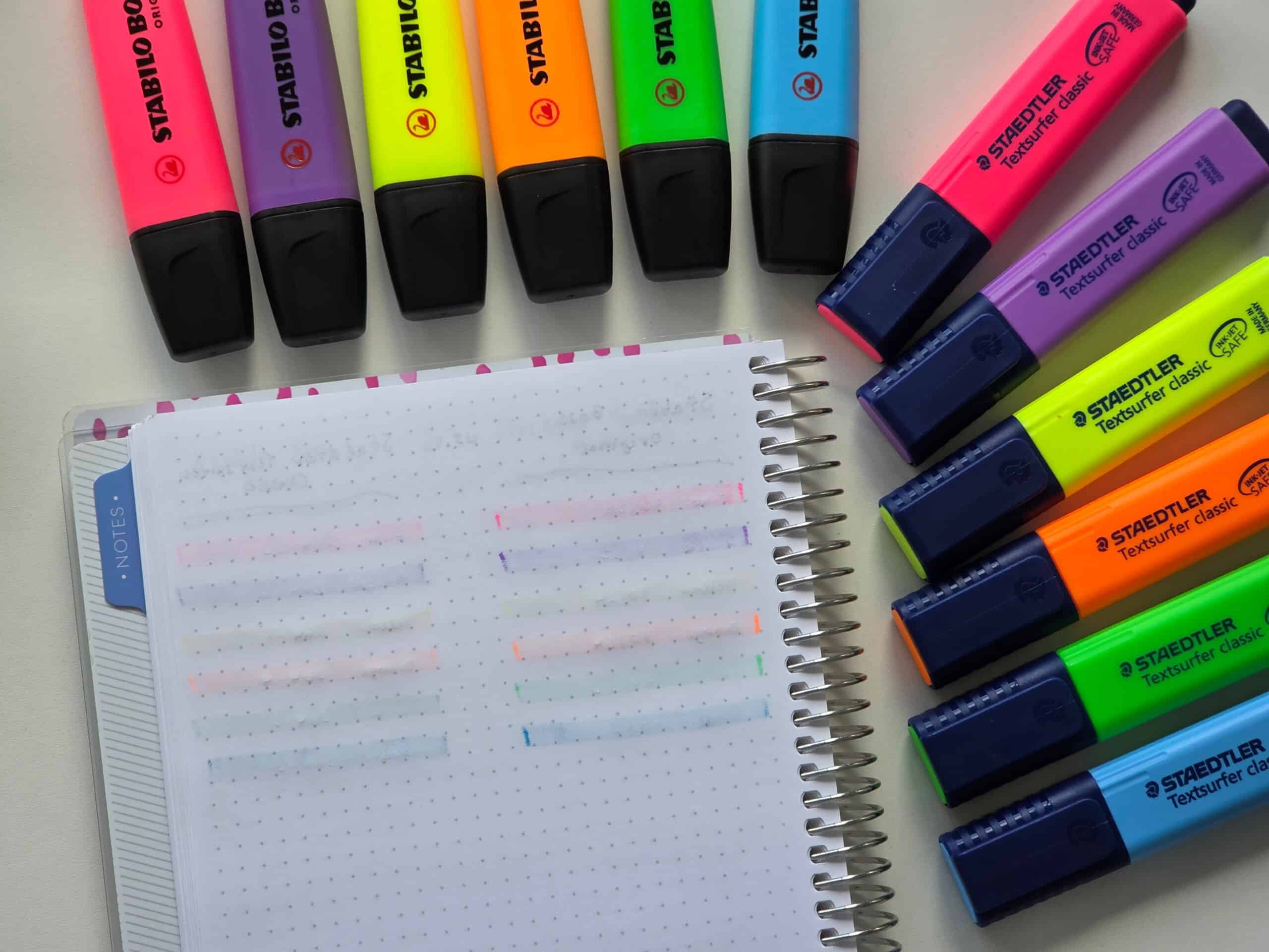 highlighter ghosting swatch testing stabilo boss pastel bright neon versus staedtler textsurfer classic best highlighters