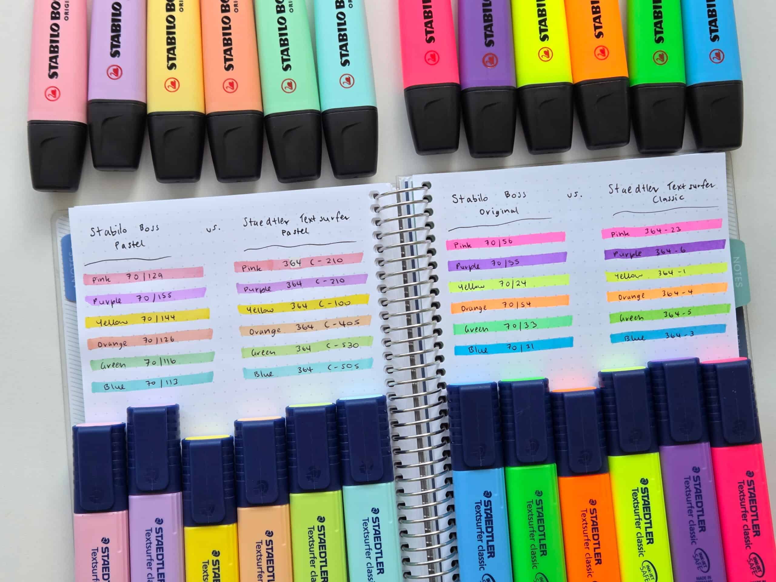best pastel highighters stabilo boss versus staedtler textsurfer ghosting bleed through swatch testing