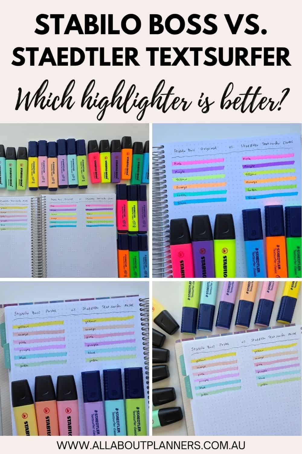 stabilo boss highlighter comparison versus staedtler textsurfer highlighter colors best planner supplies for school student college color coding 5mm tip for dot grid notebook review